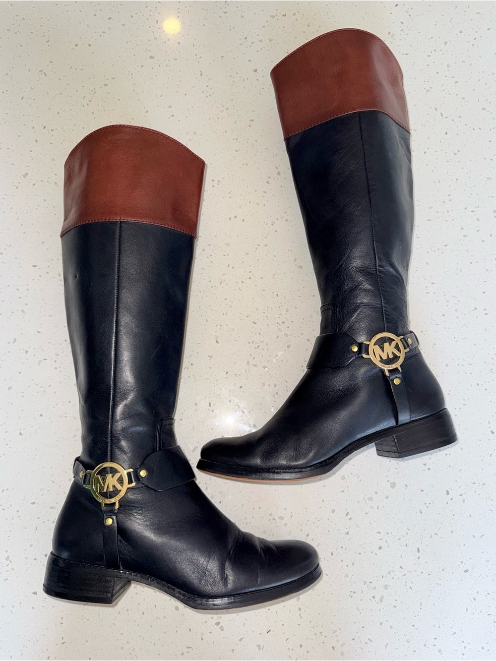 Michael Kors Black Leather Riding Boots with Brown Cuff - Picture 7 of 14